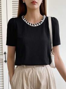 DAZY Color Block Round Neck Short Sleeve Women's T-Shirt With Faux Pocket Decoration