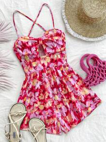 SHEIN Monos informales para niñas preadolescentes con estampado floral, lazo trenzado y tirantes cruzados