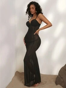 SHEIN VCAY Summer Beach Holiday,Sexy,See-Through Fabric,Holiday Knitted Solid Color Fish Tail Super Long Netted Bodycon Strap Women Dress