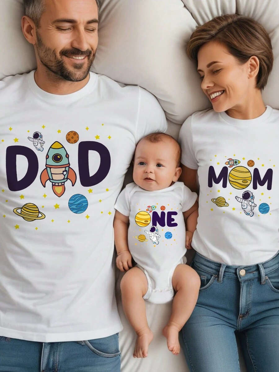 SHEIN Men's Summer Letter And Rocket Print Round Neck Casual Short Sleeve T-Shirt - White - View 1