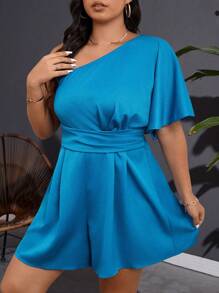 SHEIN Unity Plus Size Women's Solid Color One-Shoulder Ruffle Sleeve Jumpsuit For Everyday Wear - Blue - View 5