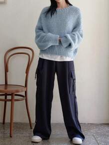 DAZY 纯色落肩超大毛衣，秋装 - 藍色 - 查看 2