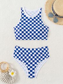 Women's Summer Beach Gingham Round Neck Bikini Set, Random Print - Blue and White - View 3