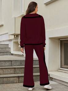 EURMUSE Women's Color Block Ribbed Edge Cardigan And Long Pants Two-Piece Set - Burgundy - View 2