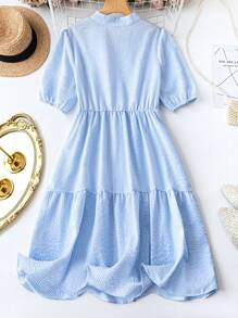 SHEIN LUNE Women's Plus Size Striped Notched V-Neck Short Puff Sleeve Casual Dress, Summer