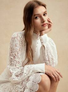 Anewsta 長袖白色蕾絲連衣裙 - 白色 - 查看 7