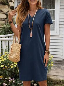 EMERY ROSE 女性簡單純色舒適短袖連衣裙