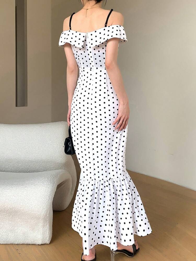 Women's Fashion Lace Polka Dot Open Shoulder Tank Dress
