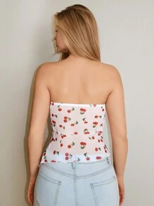 SHEIN ICON Cherry Printed Asymmetrical Hem Summer Bandeau Y2K Top With Mesh Fabric
