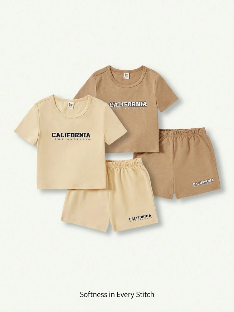 4pcs Baby Boy's Casual Short Sleeve T-Shirt And Shorts Set With Letter Print