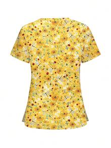 Top Fashion Scrub de Manga Curta com Mini Estampa Floral - Amarelo - Visão 2