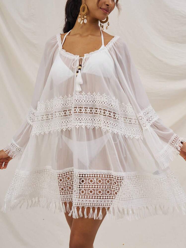 Vacation Ladies Summer Leisure Seaside Beach Lace Hollow Stitching Loose See-Through Round Neck Wood Frill Trim Tassel Strap White Mini Dress Bohemian Music Festival
