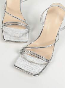 春夏女士玫红色方头细高跟凉鞋，性感派对时尚简约舒适高跟鞋，增高显腿长 - 銀色 - 查看 6