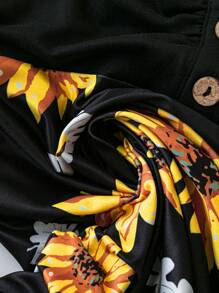 SHEIN Clasi 女士向日葵印花吊带半纽扣前中长连衣裙长款女装 - 黑色 - 查看 5