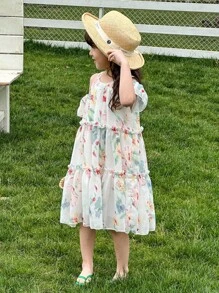 SHEIN Young Girl New Summer Stylish Floral Printed Vacation Dress - White - View 3