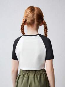 SHEIN 少女針織色塊印花休閒個性縮口袖短袖T恤 - 黑與白 - 查看 2