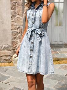 Breezaya Women's Fashionable Solid Color Button-Up Sleeveless Denim Dress - Blue - View 5