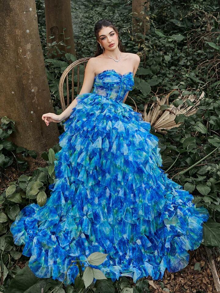 Women Elegant Bandeau Ruched Bustier Mesh Layered Cake Dress Formal Ball Gown For Women SHEIN USA