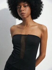 Maija 女士简约黑色纯色性感抹胸网眼撞色连身裤，适合派对和音乐节 - 黑色 - 查看 3