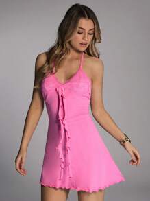 Forever 21 夏季女性新款V領吊帶荷葉邊連身性感無背心，修身並顯示曲線美 - 粉色 - 查看 1