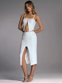 Forever 21 Women's Summer Fashion Glittery Split Hem Cami Dress Two-Piece Set - White - View 3