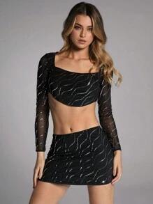 Forever 21 Women's Fashionable Sequined Long Sleeve Top And Skirt Set