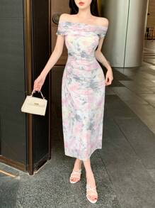 DAZY Đầm ôm sát in hoa mùa hè dành cho nữ, đầm dự tiệc sinh nhật, đầm dạ hội, đầm hè thanh lịch dành cho nữ, đầm lễ Phục sinh. - Màu be - Xem 3