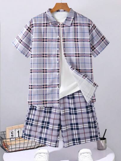 少年男孩夏季休閒格子短袖襯衫和短褲2件套裝