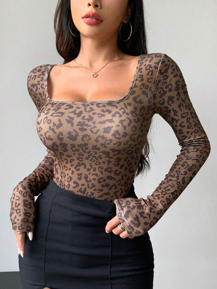 Women's Square Neck Tight-Fitting Ribbed Leopard Print Long Sleeve T-Shirt,Fall Women Clothes Going Out Tops Women