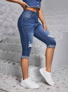 SHEIN PETITE Women's Fashionable Slim Fit Mid-Length Jeans With Distressed Design ,Petite Women - Blue - View 1