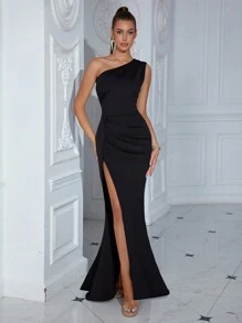 ADYCE Vestido de cóctel con un hombro, plisado y con abertura alta en el muslo, adecuado para fiestas de graduación o eventos de día y noche. Elegante vestido de noche negro para invitados de boda, ceremonia de graduación, banquete y talla grande. - Negro - Ver 8