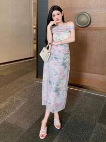 DAZY Đầm ôm sát in hoa mùa hè dành cho nữ, đầm dự tiệc sinh nhật, đầm dạ hội, đầm hè thanh lịch dành cho nữ, đầm lễ Phục sinh. - Màu be - Xem 6