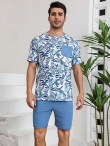 Conjunto de ropa cómoda impresa de moda para hombre para estar en casa y para vestir informal - Azul - Ver 3