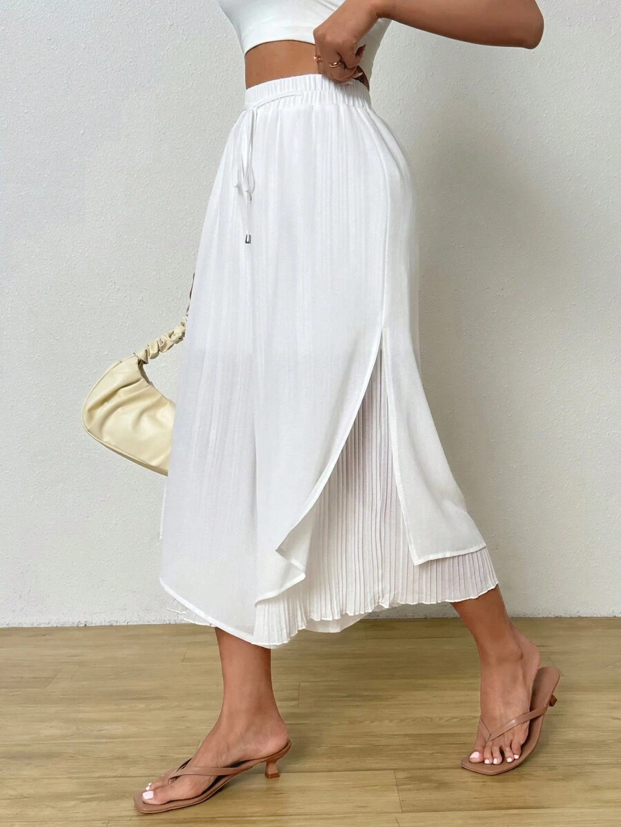 SHEIN Essnce Pantalones de palazzo plisados de cintura alta de gasa para mujer con aberturas laterales, adecuados para el palacio - Blanco - Ver 1