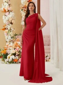 Aureia Solid Color Elegant Asymmetric Neckline Chiffon Bridesmaid Dress With Draped, Wedding Guest Dress Party Dress Formal Dress Evening Dress,Gown - Red - View 1