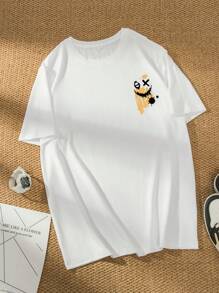 Manfinity LEGND Camiseta casual de verano para hombre con cuello redondo de manga corta y estampado de cara de dibujos animados con letra impresa