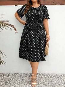 SHEIN Clasi 大码女式波尔卡圆点印花圆领短袖腰系带休闲连衣裙，夏季长款女装