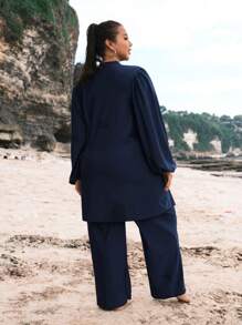 Swim Mulvari Plus Size Nữ Ngày Lễ Đồng Bằng Cổ Đứng Đèn Lồng Tay Áo Và Quần Thường Ngày, Đồ Bơi Tankini Giải Trí - Màu xanh hải quân - Xem 2