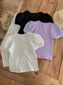 Tween Girl 3pcs Knit Textured Puff Sleeve Tee With Round Neckline, Casual - Multicolor - View 2