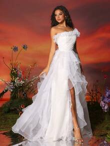 女裝3D花朵網紗雪紡蛋糕晚禮服 - 白色 - 查看 6