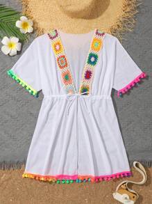 Tween Girl Crochet Contrast Mesh Kimono Cover Up With Pom Pom Hem And Drawstring Waist Summer Holiday