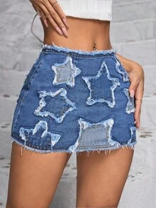 SHEIN PETITE 夏季性感鬆緊短裙-星型圖案，磨損邊緣設計 - 藍色 - 查看 3