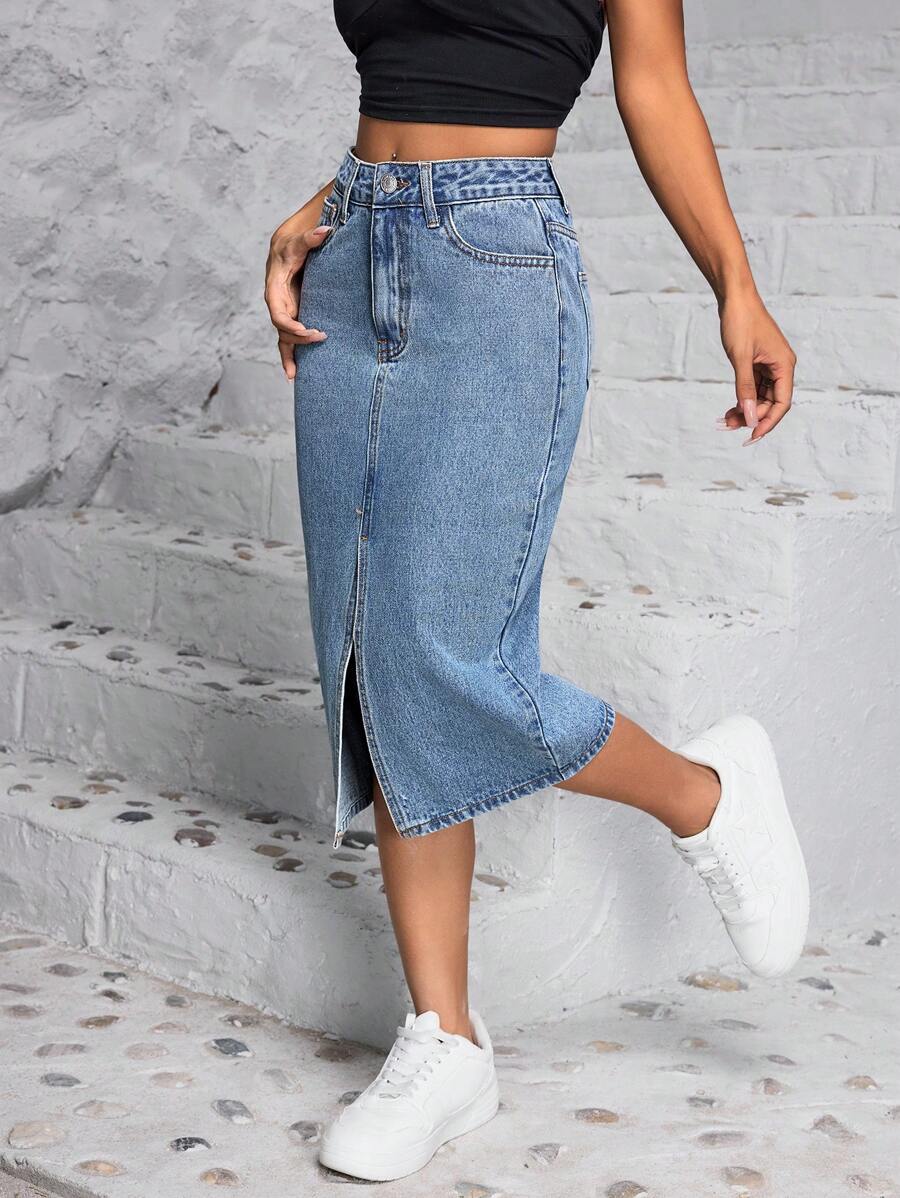 SHEIN PETITE 夏季休閒前開叉牛仔裙 - 藍色 - 查看 1