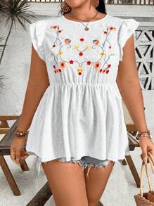 Breezaya Sommer-Top mit Rundhalsausschnitt und Cap-Ärmeln für Große Größen Frauen, Stickerei mit Blumen-Details und aus transparentem Stoff