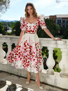 GENKIRA Floral Print Puff Sleeve Dress - Red - View 6