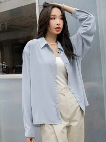 DAZY 1 件纯色长袖衬衫，商务休闲风格，秋季，返校服装，秋季女装 - 藍色 - 查看 4