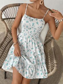 SHEIN VCAY Women's Summer Ruffle Shirred A-Line Spaghetti Strap Floral Dress - Green - View 4