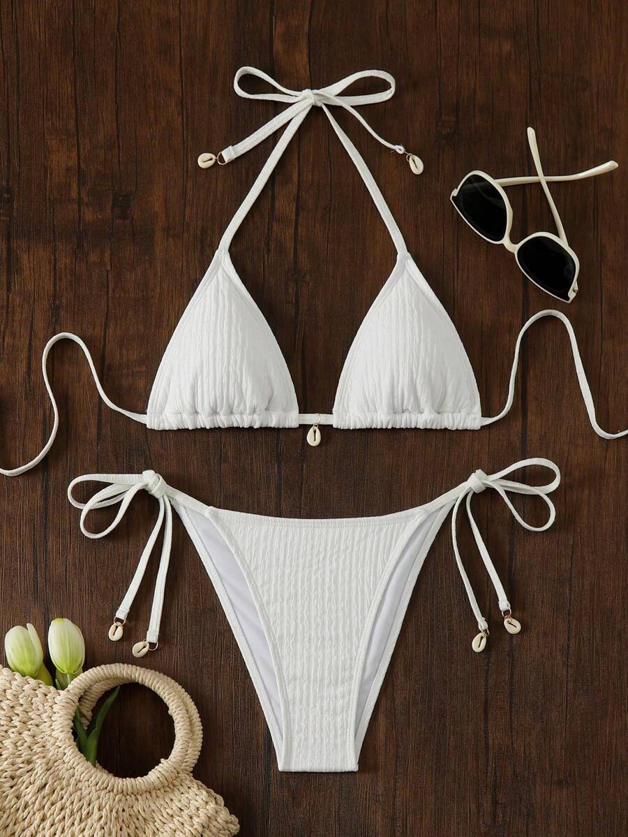 Women's Solid Color Halter Strap Sexy Bikini Set, Summer Beachwear - White - View 1