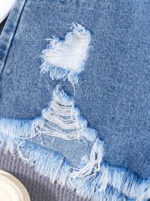 少女夏季寬鬆休閒破洞牛仔短褲 - 中等水洗藍 - 查看 5