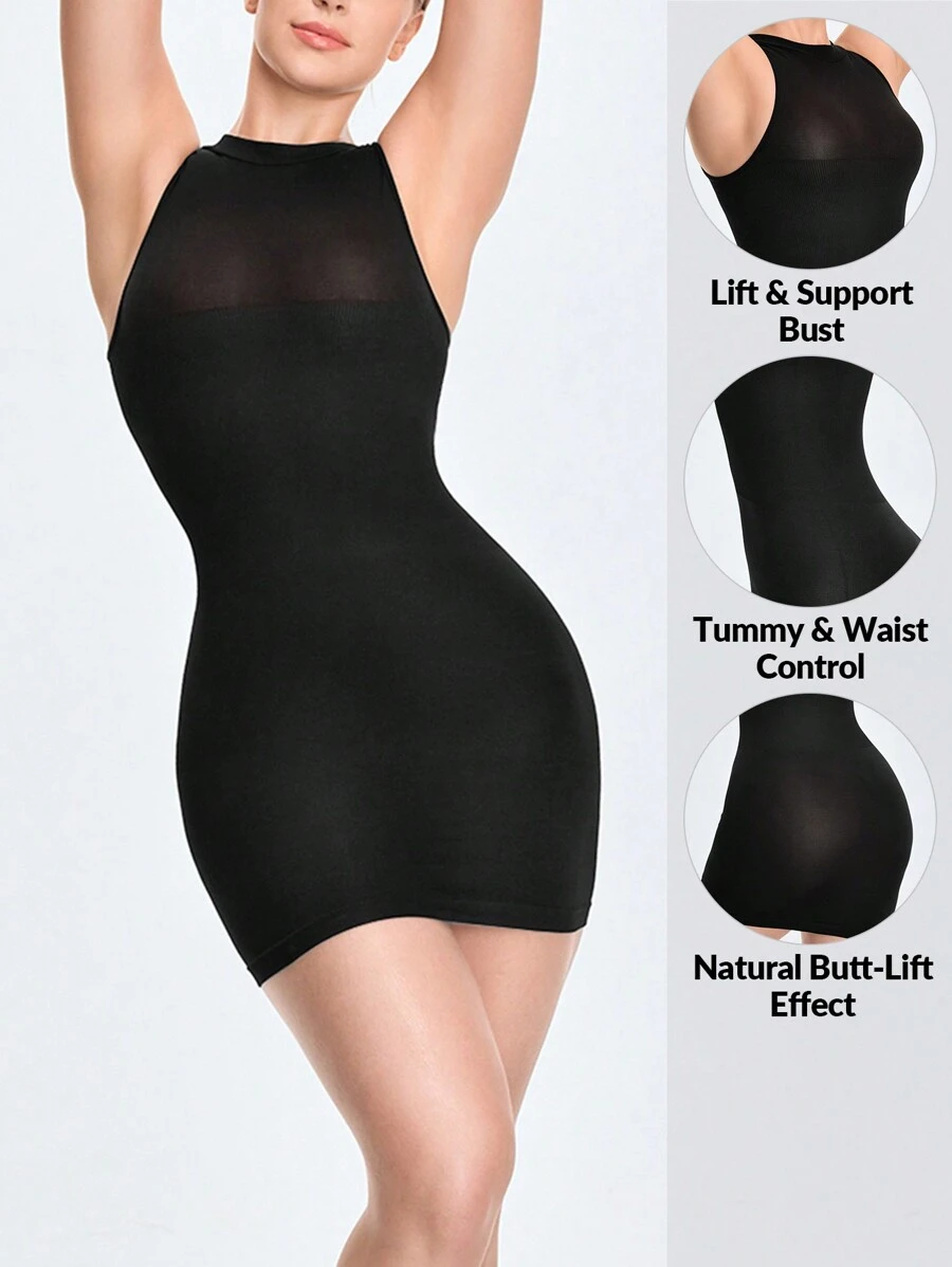SHAPORA Seamless Scoop Neck Shapewear Slip Dress Body Shaper Bust& Butt Lifter-Tummy Waist Control - Black - View 1
